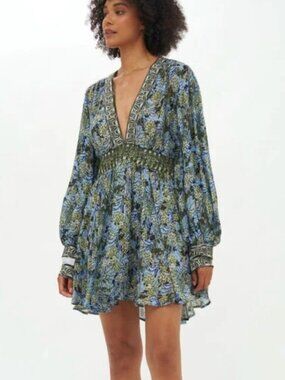 Oliphant | Size L | V-Neck Mini Dress in Eden Blue